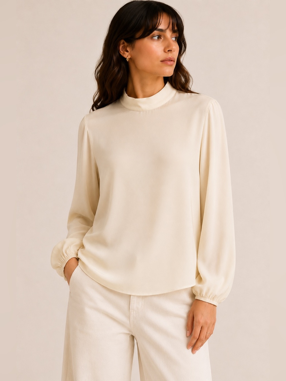 Theory 100% Silk Blouse Ecru Cream High Neck Bishop Sleeve Size Small